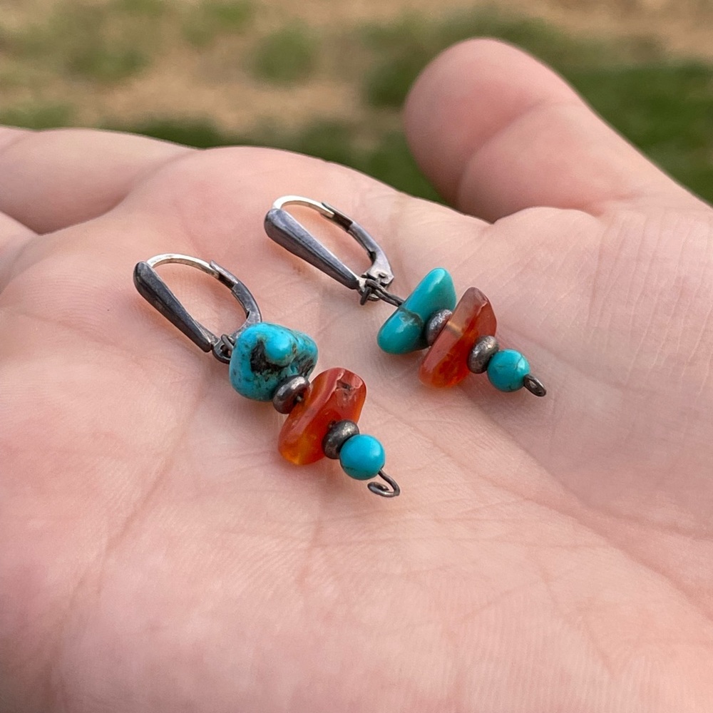 Vintage Amber & turquoise nugget dangle earrings sterling silver